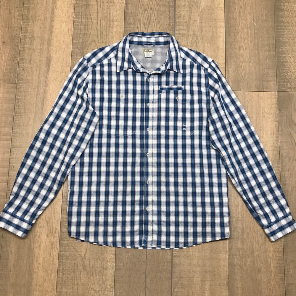L.L. Bean Shirt Mens Size L Blue Button Up Plaid Vented Fishing Hiking Roll Tab - Picture 1 of 12